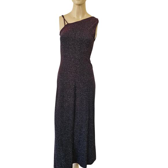 Vtg 90s Cache Metallic Black Red Slit Maxi Dress Asymmetrical Glam Goth M EUC - Picture 1 of 11